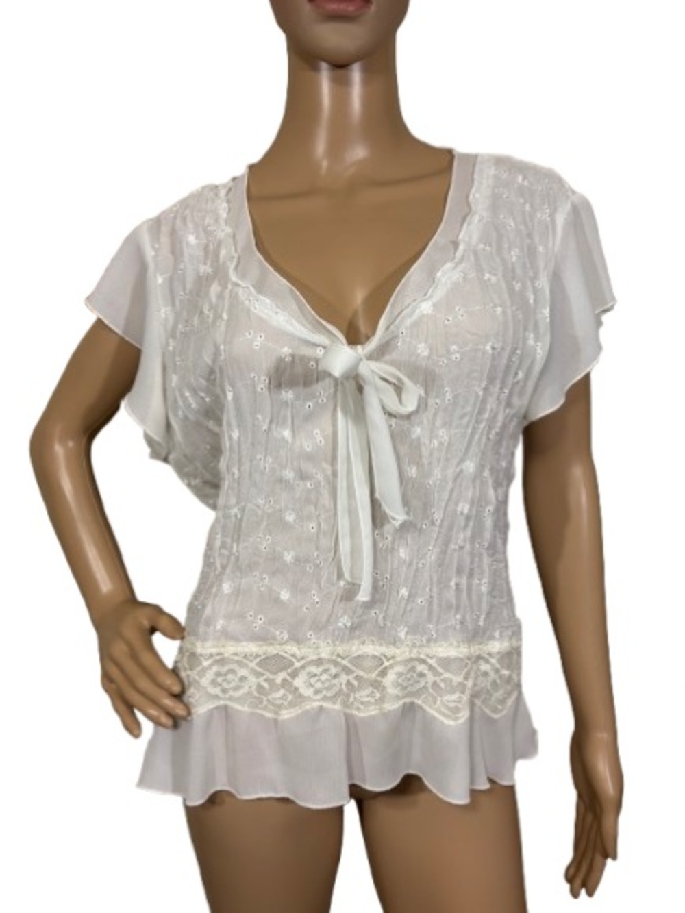 Vintage Robbie Bee Cottagecore Eyelet Lace Tie Front Blouse Size XL